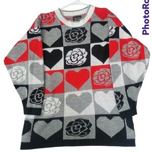 80s-90s Vintage Trimmings Knitted Sweater Hearts and Roses Size Medium*